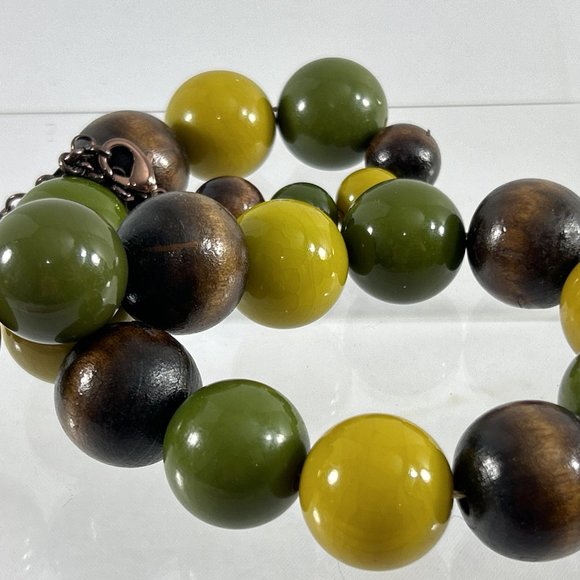 Chunky Beaded Necklace Green Brown Fall Colors 23" Brown Green - Picture 5 of 8